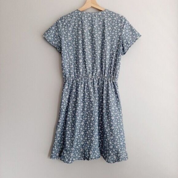J. CREW Mercantile Floral Faux Wrap Ruffle Dress Chambray Sz XS - Picture 5 of 10
